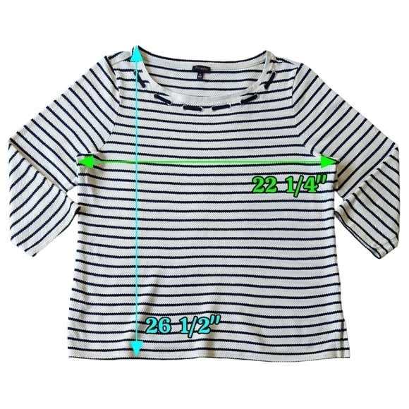 Talbots 100% Cotton Ivory Navy Blue Stripe 3/4 Sleeve Textured Top Nautical - Picture 2 of 7